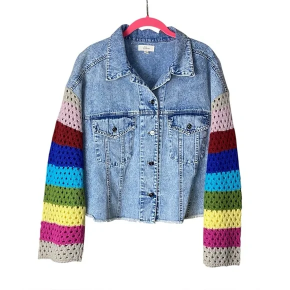 Elan Crochet Sleeve Cropped Denim Jacket Womens M Boho Festival - Picture 3 of 7